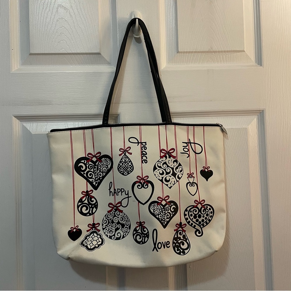 White Tote Bag with Black Heart Motifs and Red Accents